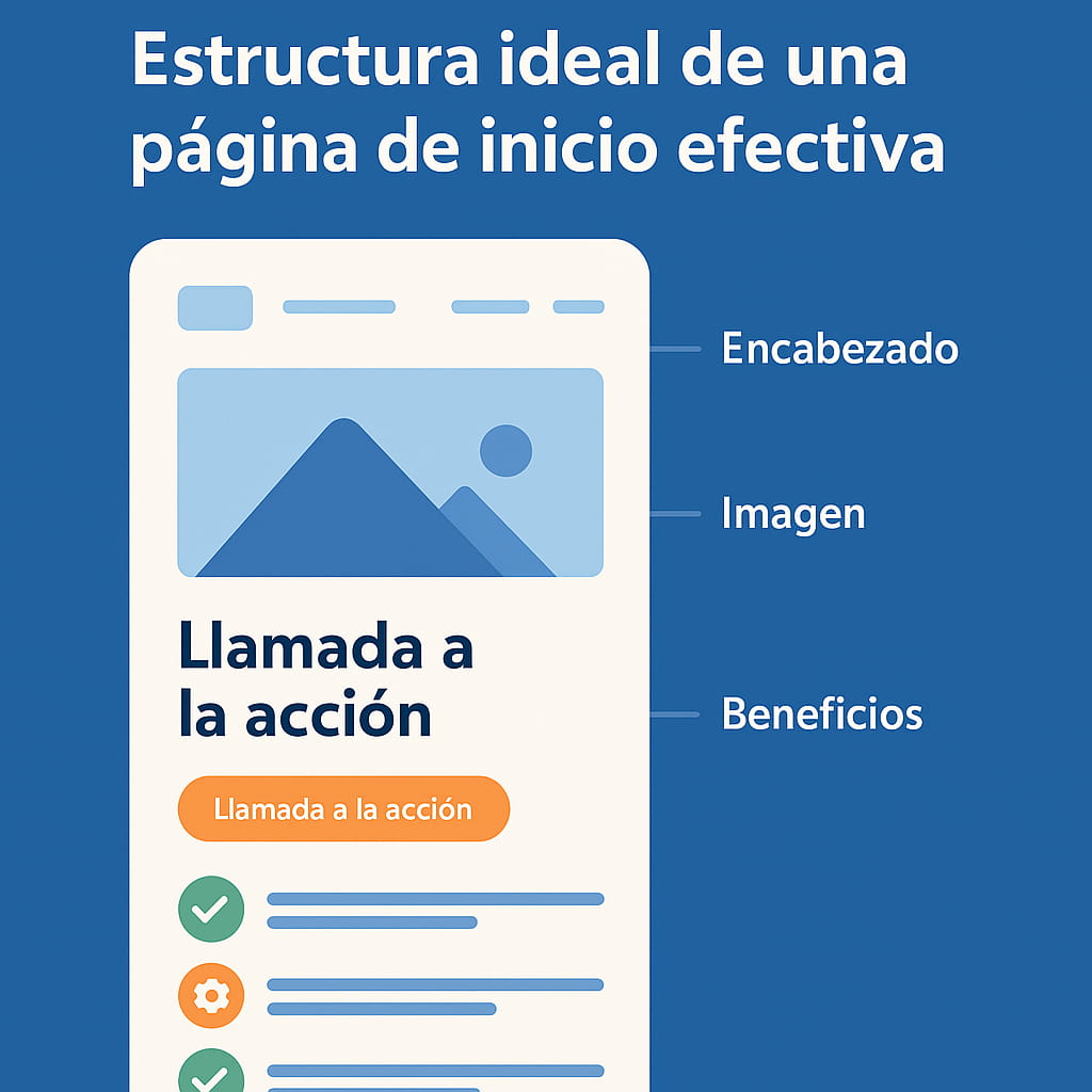¿Qué debe tener una buena página de inicio? (Guía paso a paso) nfografía que muestra la estructura ideal de una página de inicio: encabezado con navegación, imagen destacada, llamada a la acción visible y beneficios organizados con íconos.