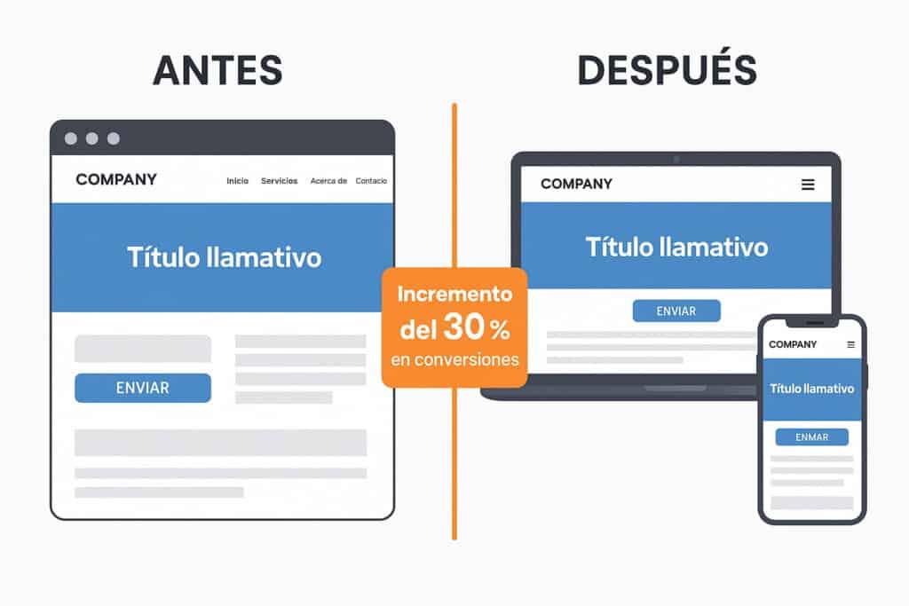 Diseño Web Responsive: 5 Razones Irresistibles para Implementarlo en tu Negocio Hoy Comparación antes y después de aplicar diseño web responsive