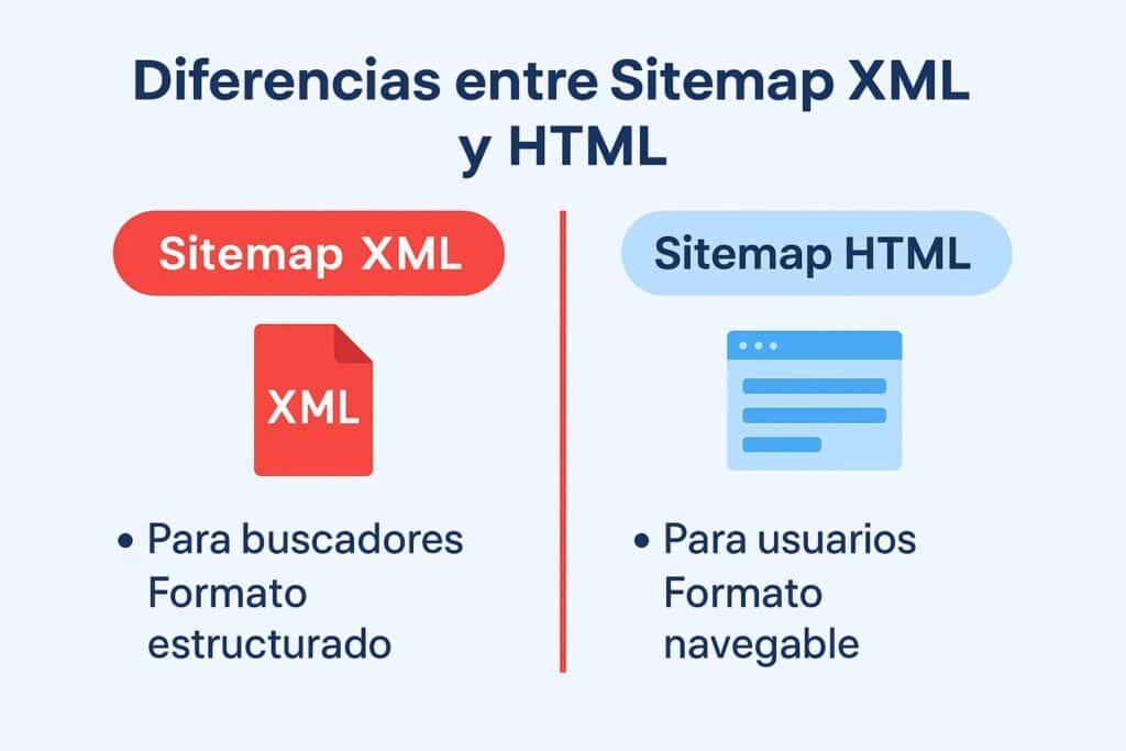 Diagrama comparativo que muestra las diferencias entre un Mapa del Sitio Web (sitemap) XML para buscadores y un Mapa del Sitio Web (sitemap)   HTML para usuarios