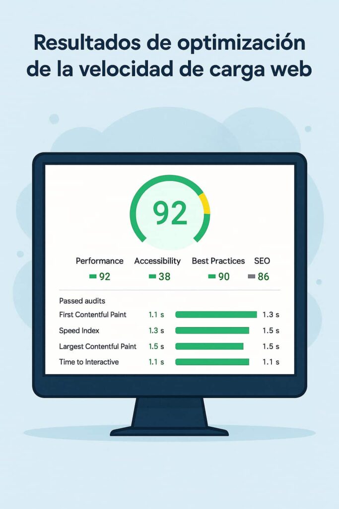 Optimización de la Velocidad de Carga Web: 7 Razones Poderosas que Aumentan tus Conversiones Resultados de optimización de la velocidad de carga web mostrando un informe de rendimiento y métricas de PageSpeed