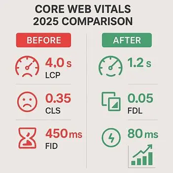 Core Web Vitals en 2025: 7 Estrategias Poderosas para Optimizar tu Sitio y Cumplir con Google Resultados antes y después Core Web Vitals en 2025