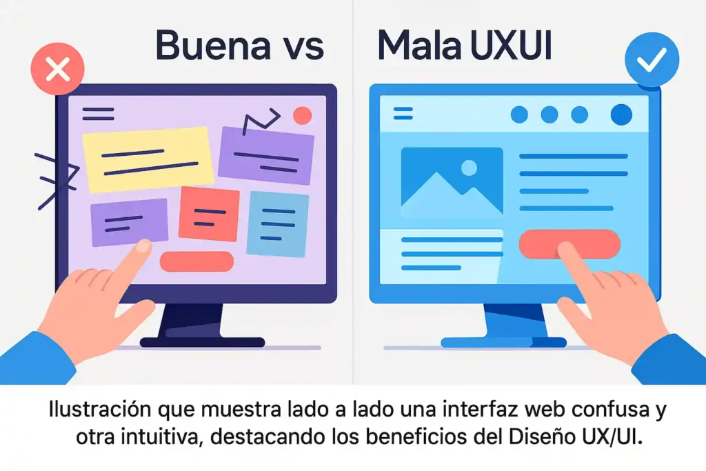 Diseño UX/UI: 10 Claves Poderosas para Revolucionar la Experiencia del Usuario en tu Web Diseño UX/UI. Comparación entre una mala y una buena experiencia de usuario en web.