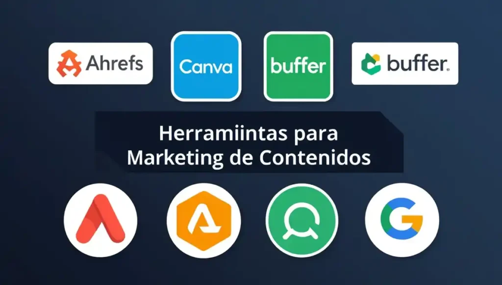 7 Poderosas Estrategias de Marketing de Contenidos para Impulsar tu Página Web y Multiplicar tus Visitas Conjunto de iconos de herramientas como Ahrefs y Canva para estrategias de marketing de contenidos.