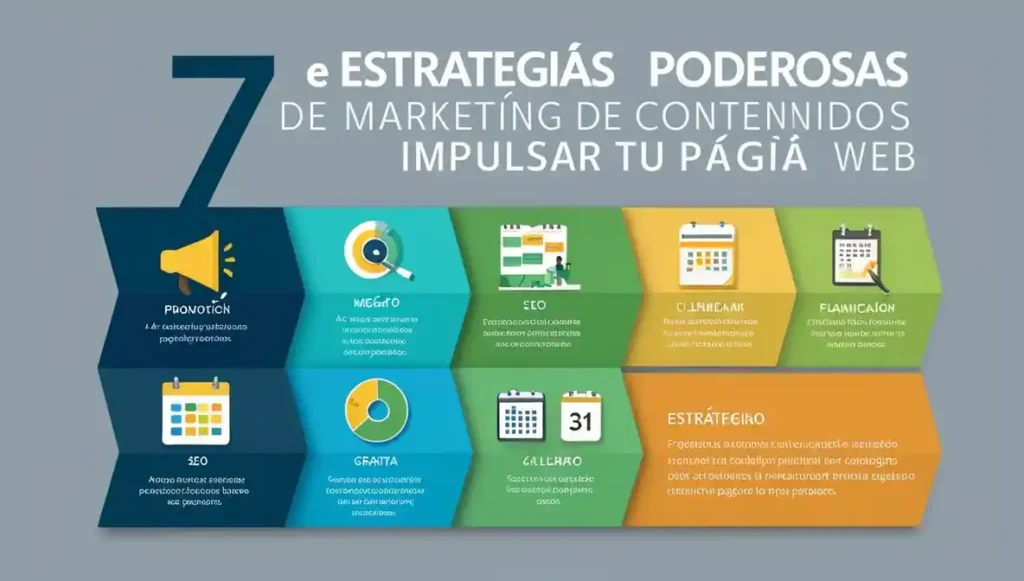 7 Poderosas Estrategias de Marketing de Contenidos para Impulsar tu Página Web y Multiplicar tus Visitas Infografía visual con las 7 estrategias de marketing de contenidos para impulsar tu página web.