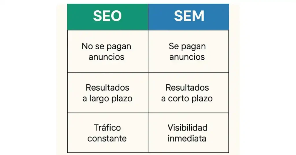 Tabla detallada de diferencias entre SEO y SEM para Negocios 