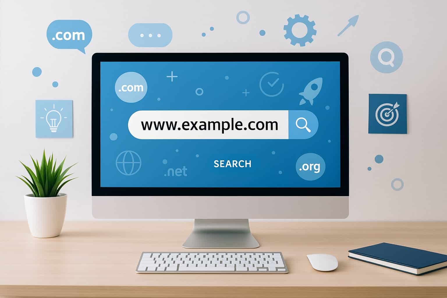 Pantalla de computadora mostrando la búsqueda para elegir el mejor dominio web, rodeada de iconos digitales relacionados con SEO, extensiones como .com y .org, en un entorno moderno y profesional.
