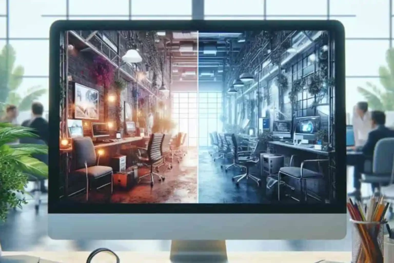 Comparación entre una página web profesional y una web mal diseñada en una pantalla dividida, con fondo de oficina.