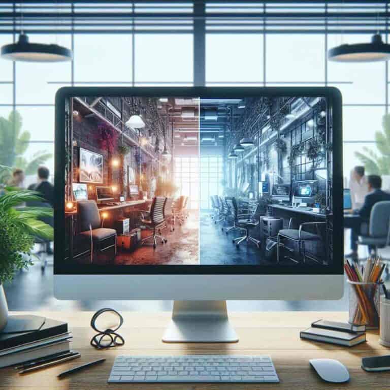 Comparación entre una página web profesional y una web mal diseñada en una pantalla dividida, con fondo de oficina.