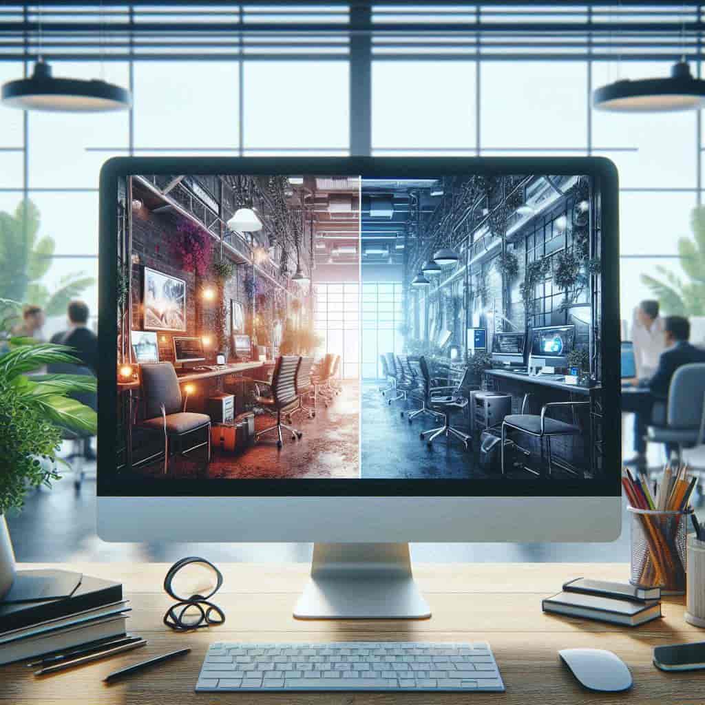Comparación entre una página web profesional y una web mal diseñada en una pantalla dividida, con fondo de oficina.