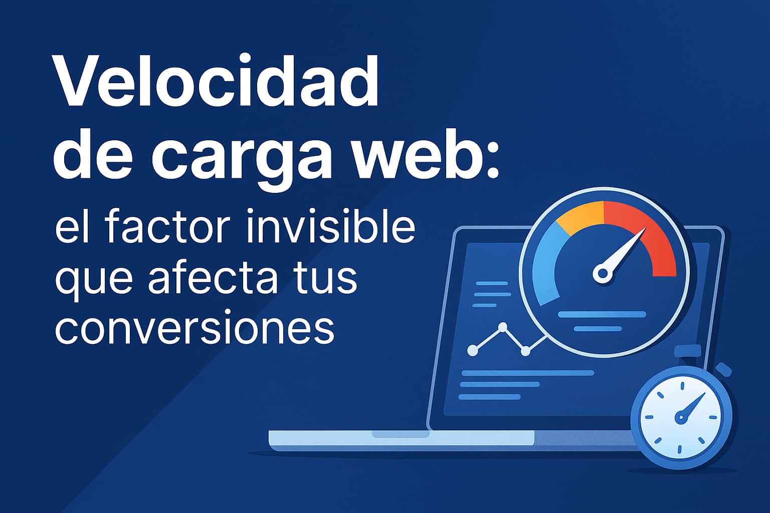 Ilustración sobre la optimización de la velocidad de carga web mostrando un laptop con métricas, velocímetro y cronómetro para mejorar conversiones