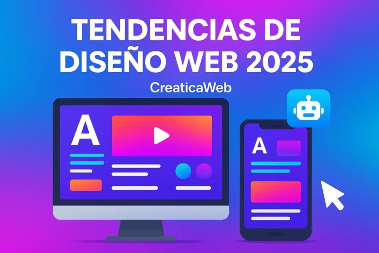 Tendencias de Diseño Web 2025: Lo que Necesitas para una Web Moderna y Atractiva Ejemplo de las tendencias de diseño web 2025 moderno con colores vibrantes, tipografía llamativa y experiencia responsive
