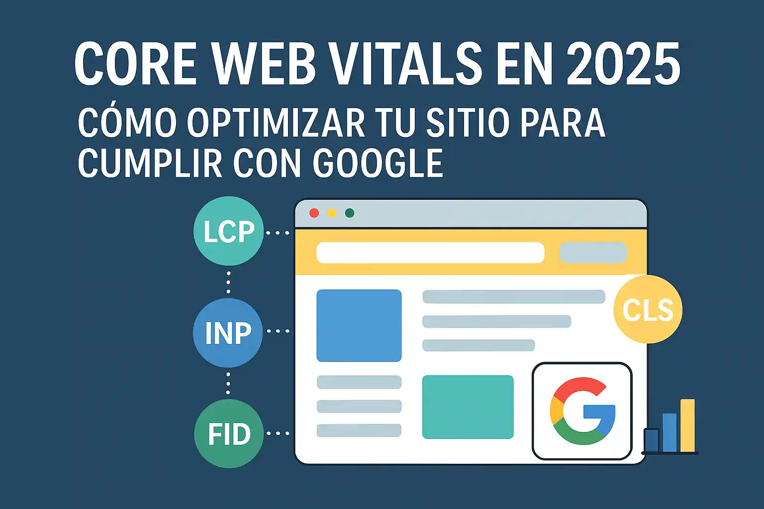 Infografía sobre Core Web Vitals en 2025 con métricas LCP, INP, FID y CLS explicadas en una ilustración de sitio web optimizado para Google