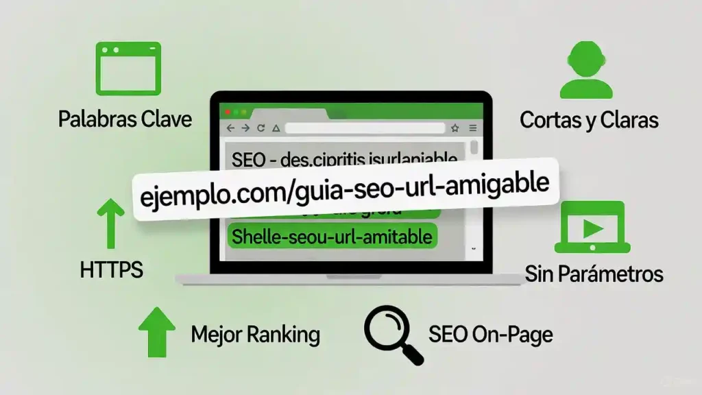 SEO On-Page: Guía Completa para Principiantes con 10 Secretos Poderosos Infografía horizontal que explica cómo crear URLs amigables para SEO: cortas, con palabras clave, HTTPS y sin parámetros, ideal para mejorar el posicionamiento SEO On-Page.