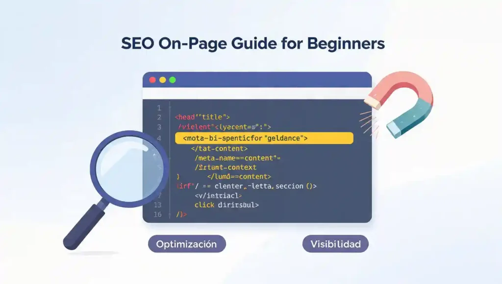 SEO On-Page: Guía Completa para Principiantes con 10 Secretos Poderosos Infografía horizontal que muestra cómo optimizar el título de página y la meta descripción en el código HTML para mejorar el SEO On-Page y atraer más clics desde Google.