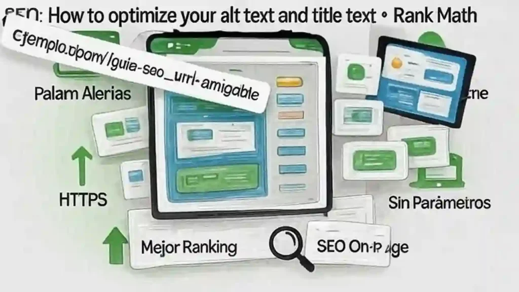 SEO On-Page: Guía Completa para Principiantes con 10 Secretos Poderosos Infografía horizontal que explica cómo optimizar el texto alternativo (alt text) y el título de las imágenes para mejorar el SEO On-Page, con ejemplos claros y recomendaciones de Rank Math.