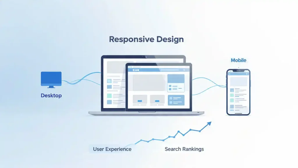 SEO On-Page: Guía Completa para Principiantes con 10 Secretos Poderosos Infografía horizontal que muestra una misma página web adaptada perfectamente en laptop (vista desktop) y smartphone (vista móvil), destacando la importancia del diseño responsivo para SEO On-Page y experiencia de usuario.