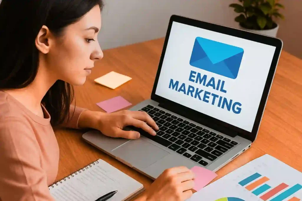 Email Marketing para Principiantes: 7 Claves Infalibles para Empezar, Fidelizar y Vender con Resultados Reales Persona planificando una campaña de email marketing en su laptop rodeada de gráficos y notas