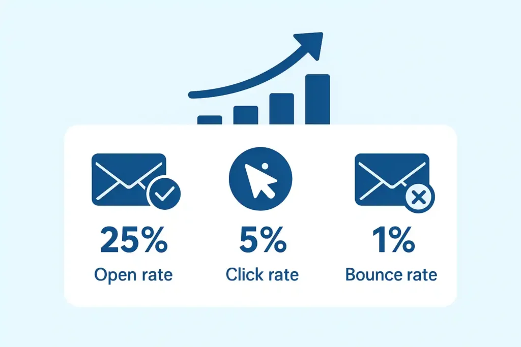 Email Marketing para Principiantes: 7 Claves Infalibles para Empezar, Fidelizar y Vender con Resultados Reales Gráfico con estadísticas promedio de tasa de apertura, clics y rebote en email marketing